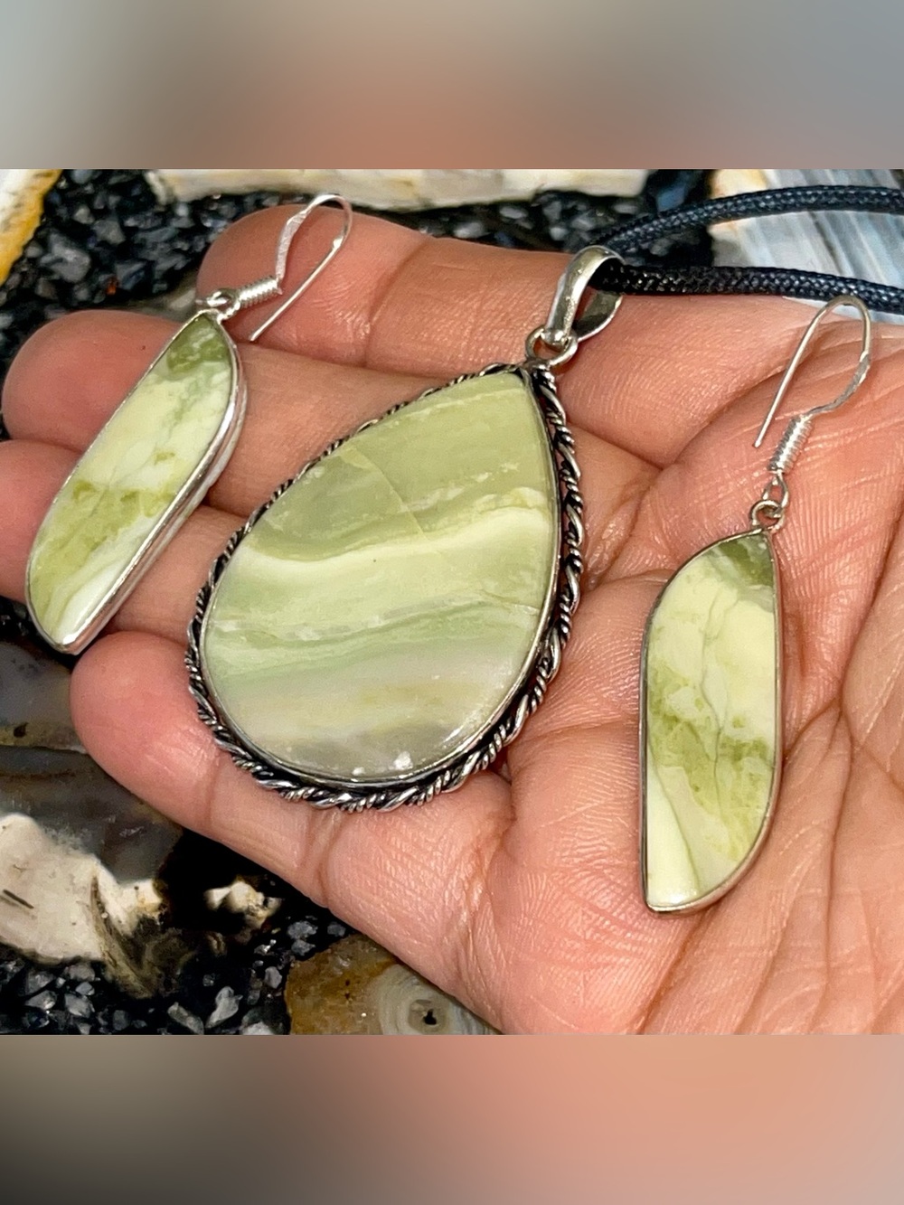 Green Larsonite Crystal Pendant & Earrings Set